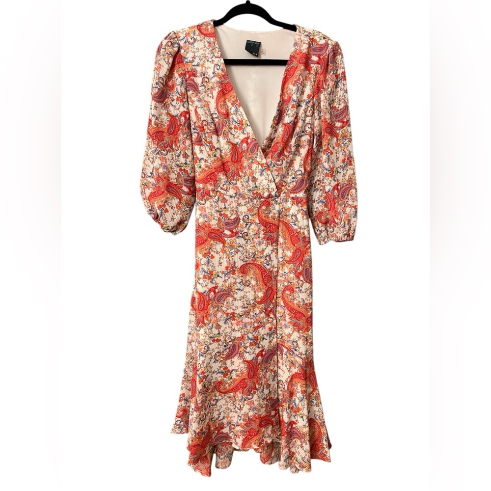 Gabby Skye Multicolored Ruffled Wrap Sundress with Puff Sleeves